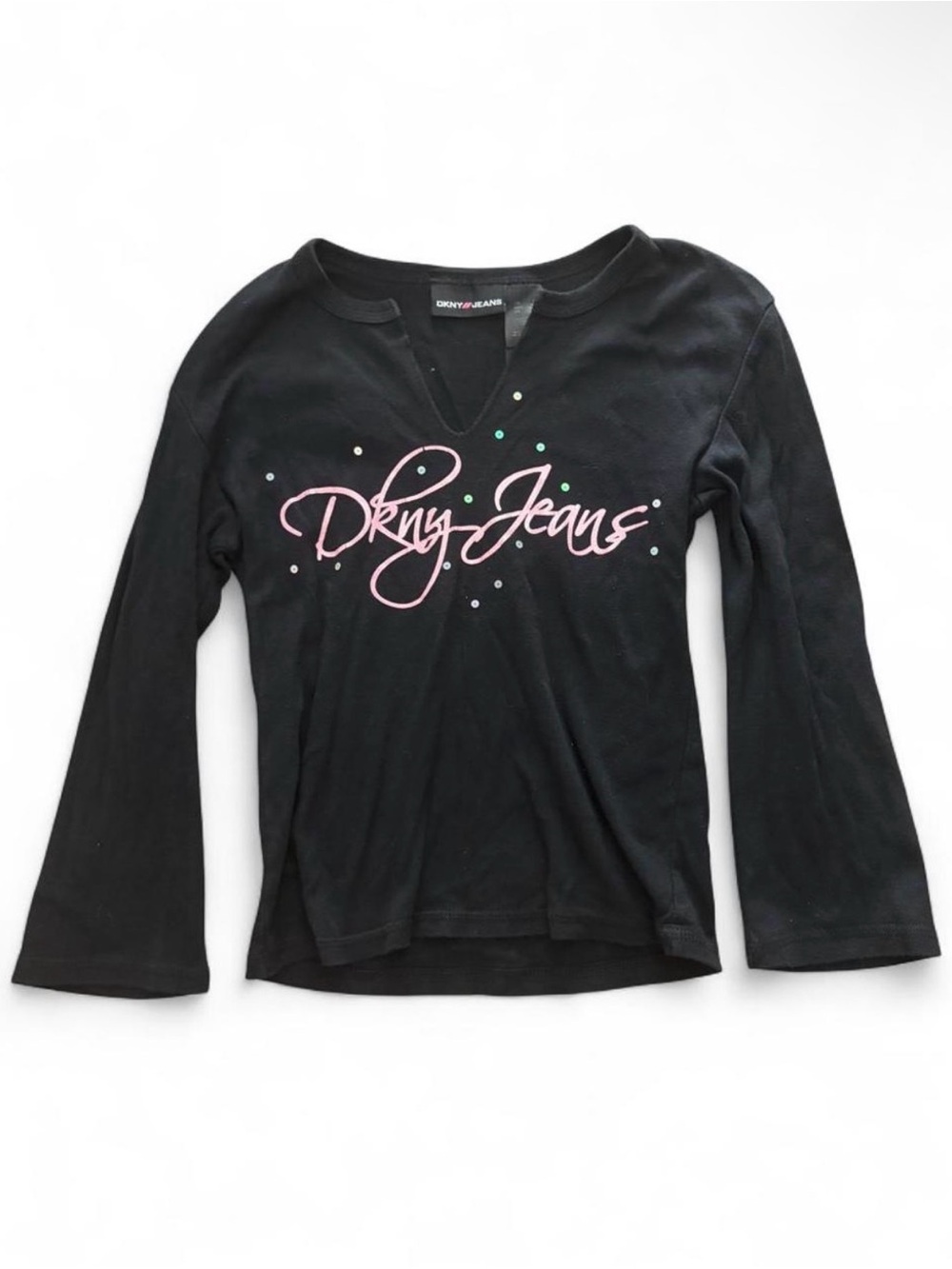 Y2K DKNY Black Long Sleeve Tee with Pink Script Logo